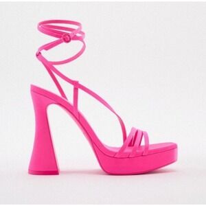 Zara Pink Platform Heels Strappy Tie Up‎ Sandals Party Flared Heel Size 38